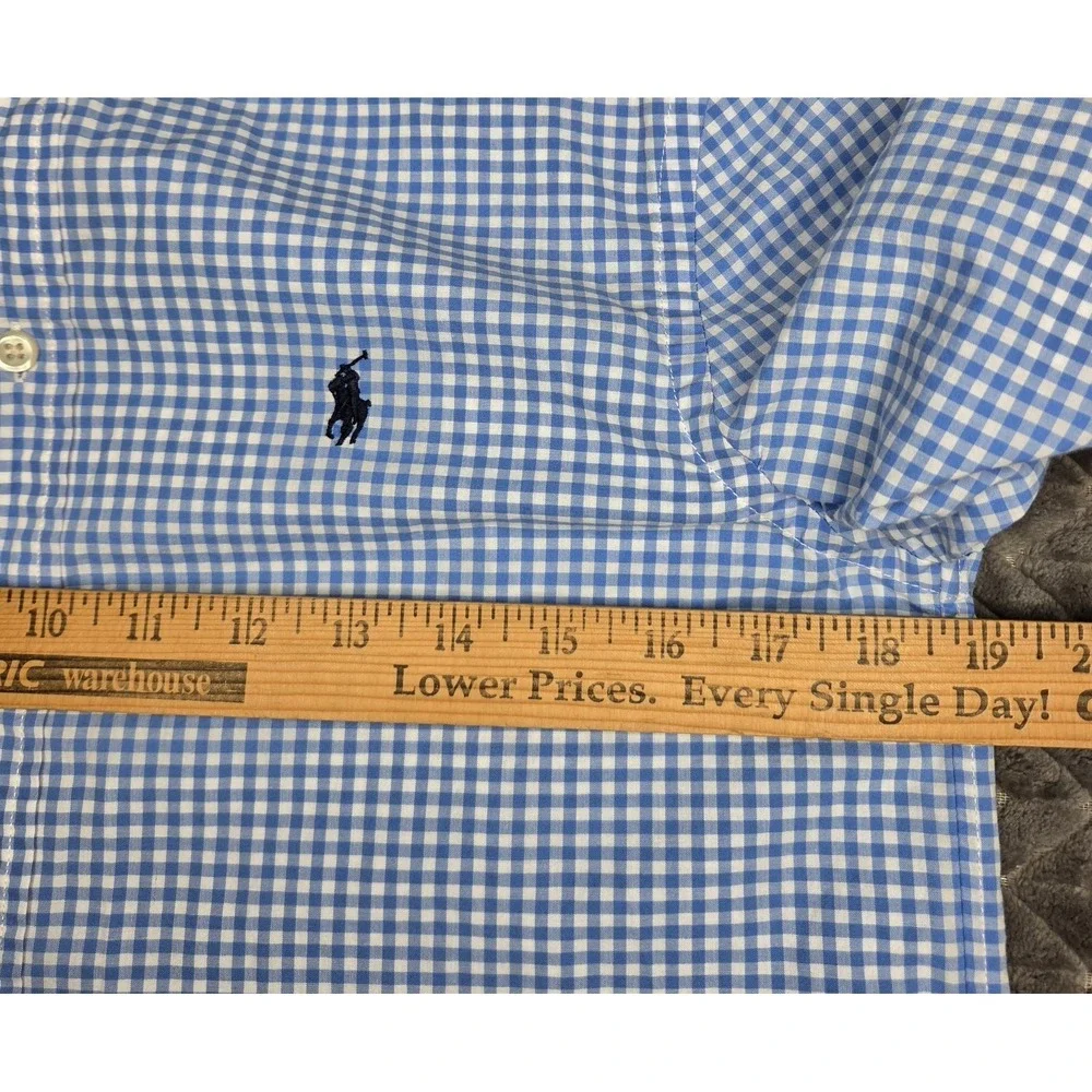 Ralph Lauren Boy Size Large 14-16 Ghingam Check Button Down Blue White Logo Pony